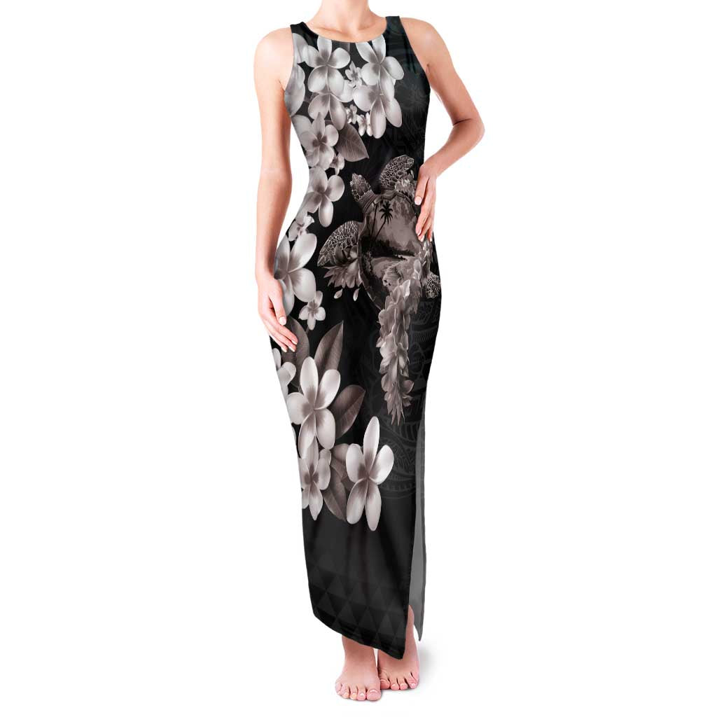 Hawaiian Lei Day Family Matching Tank Maxi Dress and Hawaiian Shirt Plumeria and Turtle with Polynesian Tribal Pattern Grayscale Color LT03 Mom's Dress Black - Polynesian Pride