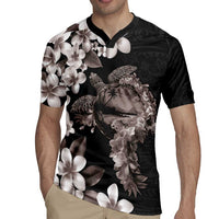 Hawaiian Lei Day Rugby Jersey Plumeria and Turtle with Polynesian Tribal Pattern Grayscale Color LT03 - Polynesian Pride