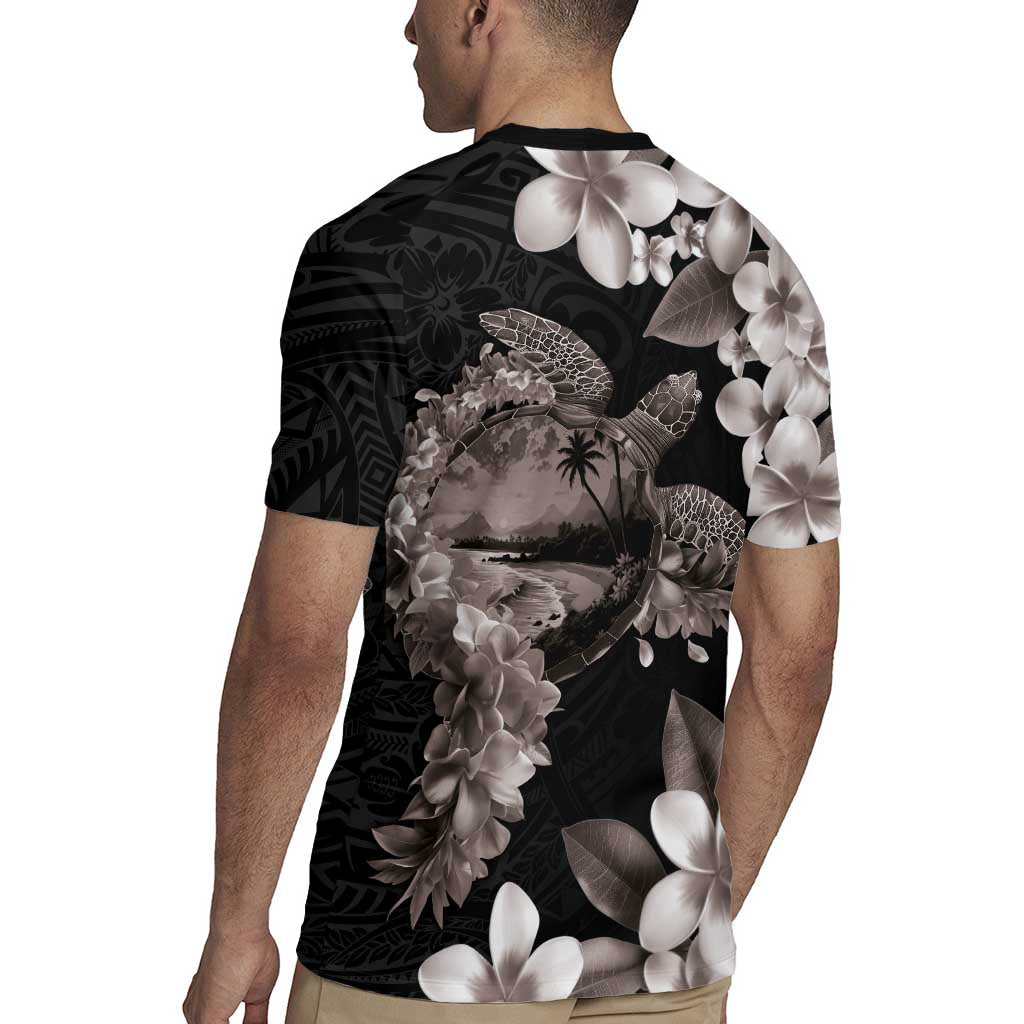 Hawaiian Lei Day Rugby Jersey Plumeria and Turtle with Polynesian Tribal Pattern Grayscale Color LT03 - Polynesian Pride