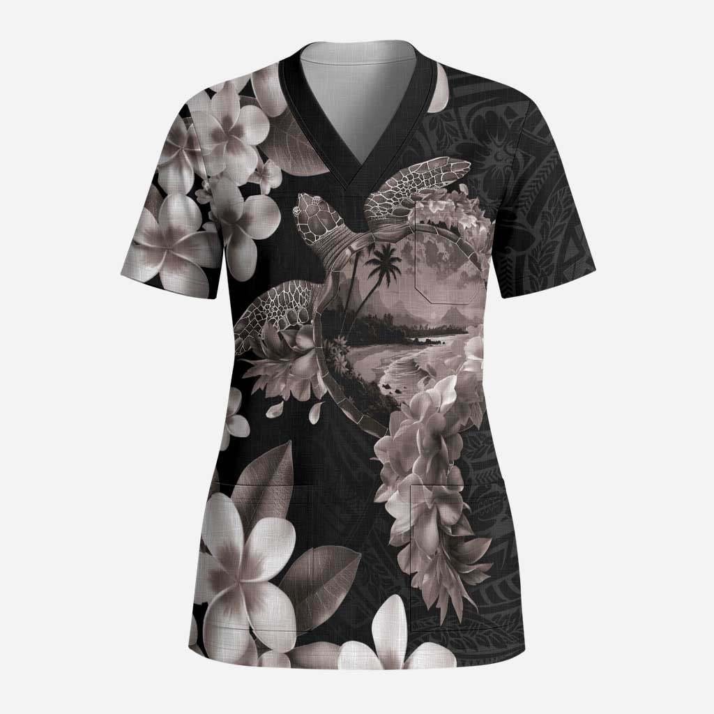 Hawaiian Lei Day Scrub Top Plumeria and Turtle with Polynesian Tribal Pattern Grayscale Color - Polynesian Pride