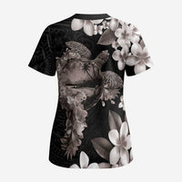 Hawaiian Lei Day Scrub Top Plumeria and Turtle with Polynesian Tribal Pattern Grayscale Color - Polynesian Pride