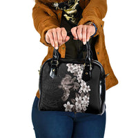 Hawaiian Lei Day Shoulder Handbag Plumeria and Turtle with Polynesian Tribal Pattern Grayscale Color