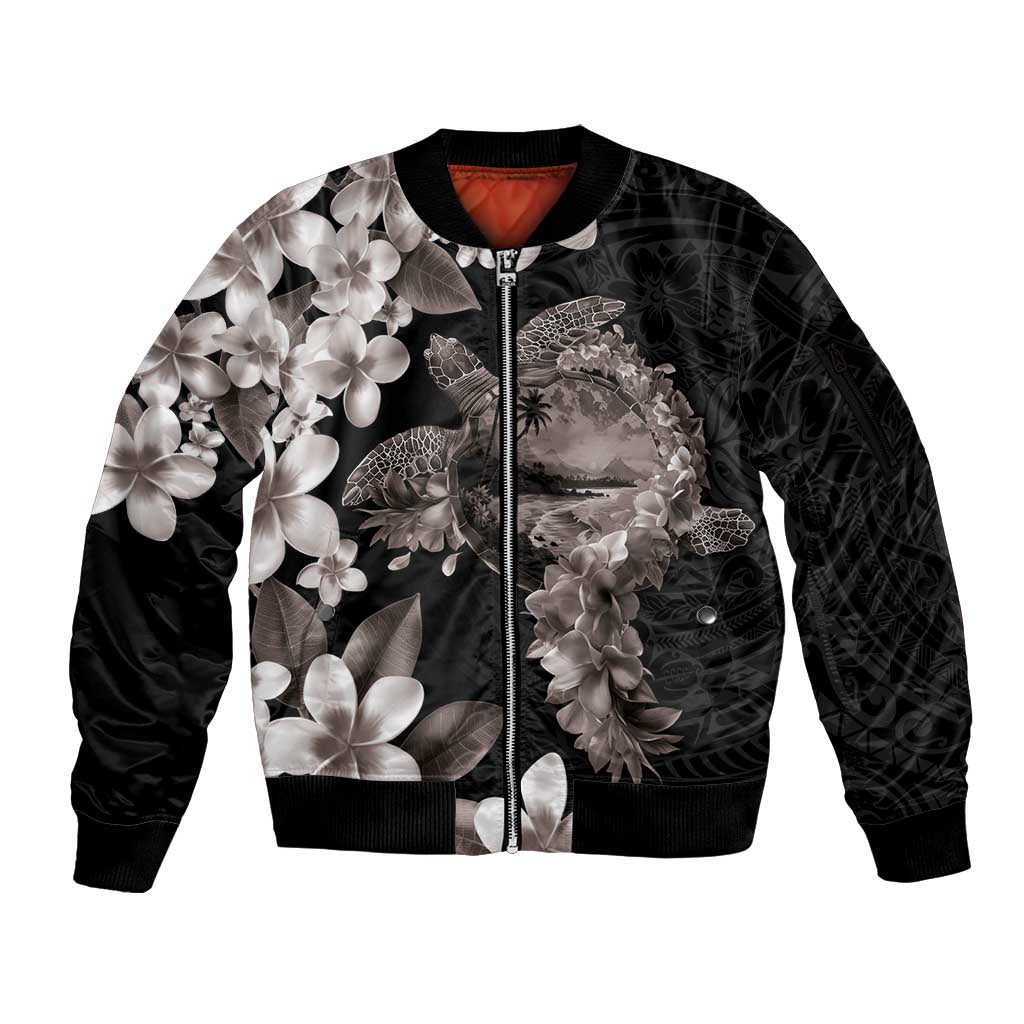 Hawaiian Lei Day Sleeve Zip Bomber Jacket Plumeria and Turtle with Polynesian Tribal Pattern Grayscale Color LT03 Unisex Black - Polynesian Pride