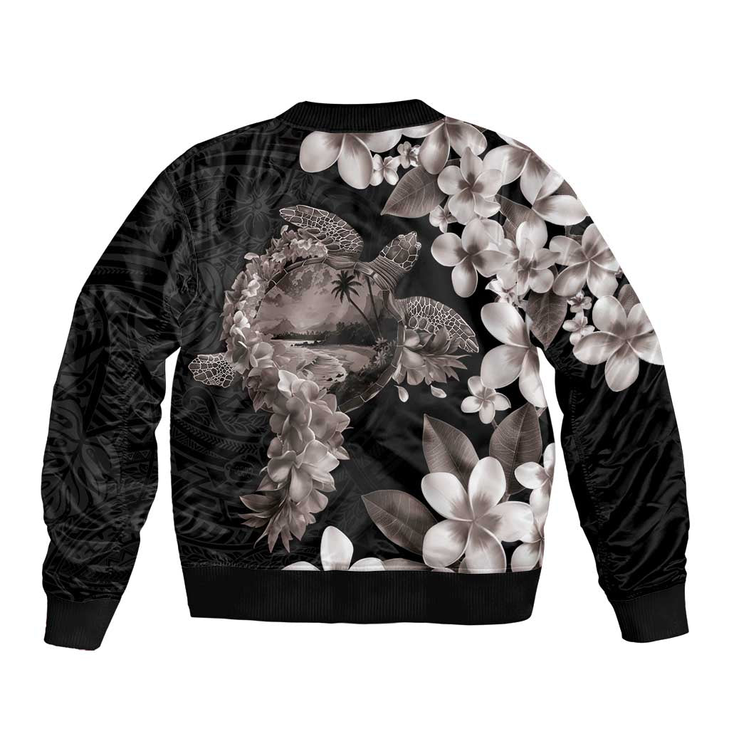 Hawaiian Lei Day Sleeve Zip Bomber Jacket Plumeria and Turtle with Polynesian Tribal Pattern Grayscale Color LT03 - Polynesian Pride