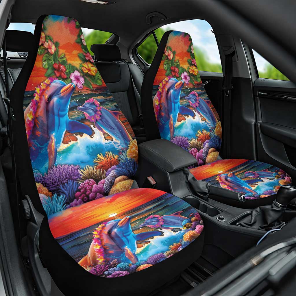 Hawaiian Lei Day Car Seat Cover Dolphins with Colorful Corals and Romantic Sunset LT03 One Size Orange - Polynesian Pride