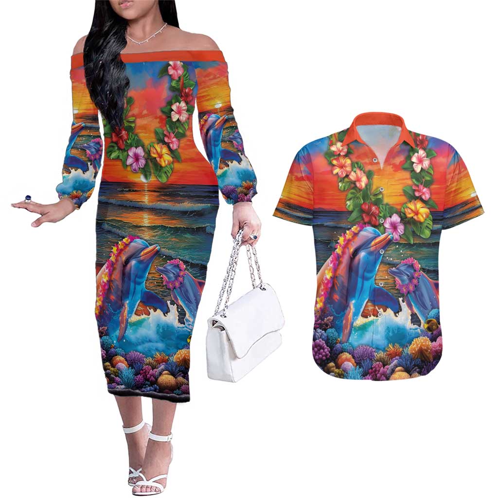Hawaiian Lei Day Couples Matching Off The Shoulder Long Sleeve Dress and Hawaiian Shirt Dolphins with Colorful Corals and Romantic Sunset LT03 Orange - Polynesian Pride