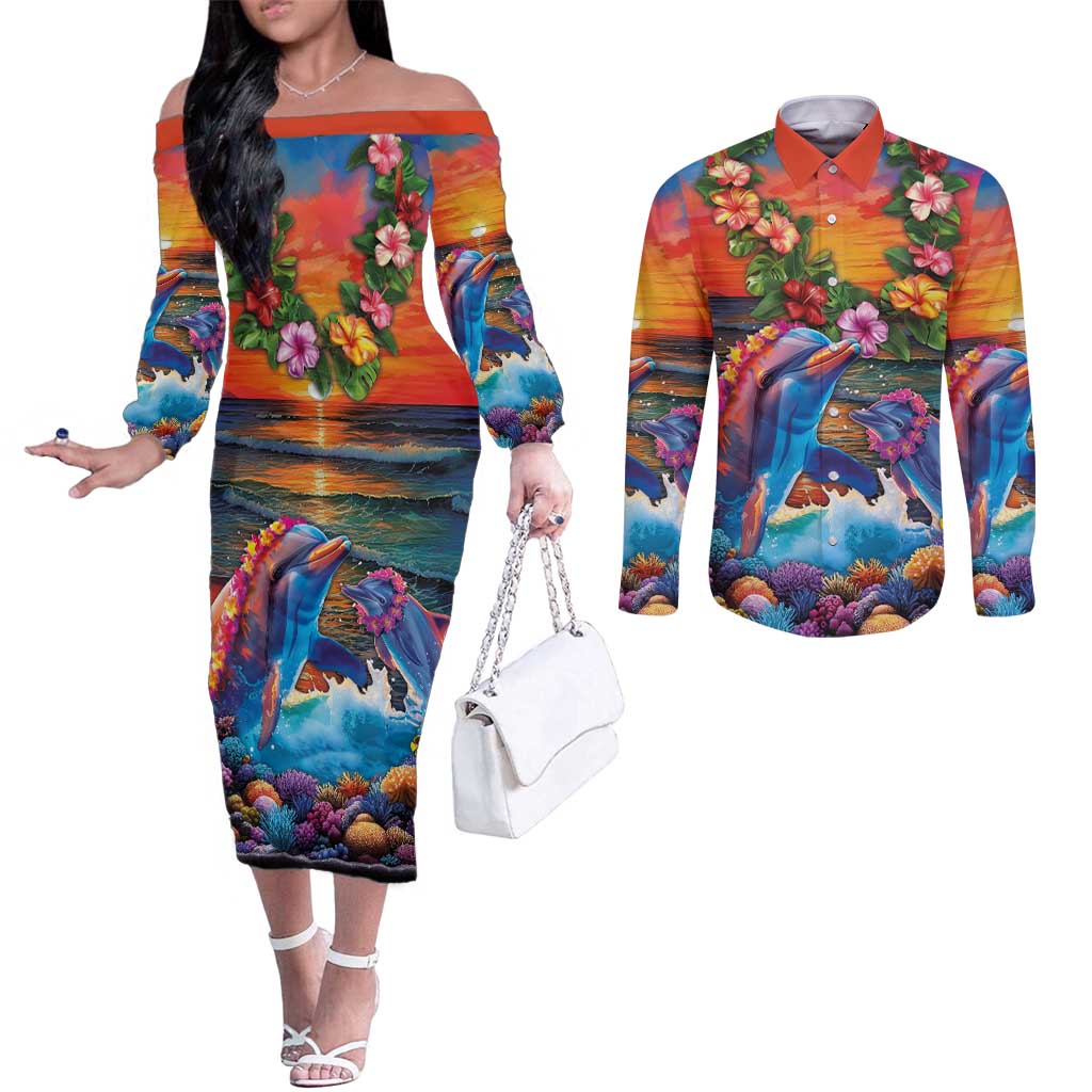 Hawaiian Lei Day Couples Matching Off The Shoulder Long Sleeve Dress and Long Sleeve Button Shirt Dolphins with Colorful Corals and Romantic Sunset LT03 Orange - Polynesian Pride