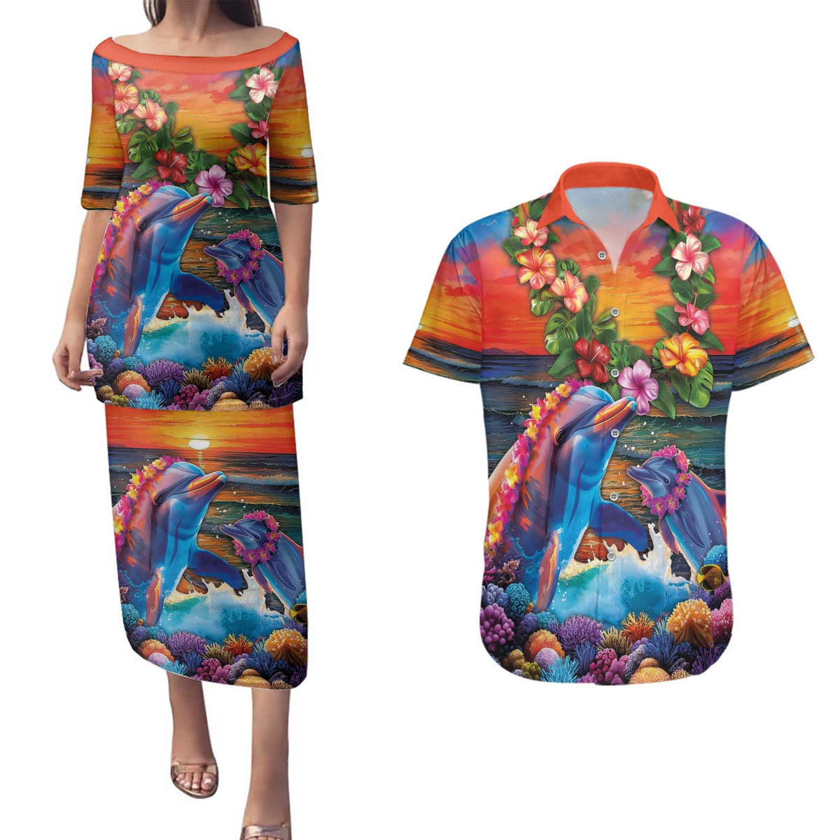 Hawaiian Lei Day Couples Matching Puletasi and Hawaiian Shirt Dolphins with Colorful Corals and Romantic Sunset