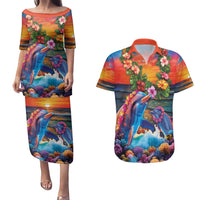 Hawaiian Lei Day Couples Matching Puletasi and Hawaiian Shirt Dolphins with Colorful Corals and Romantic Sunset