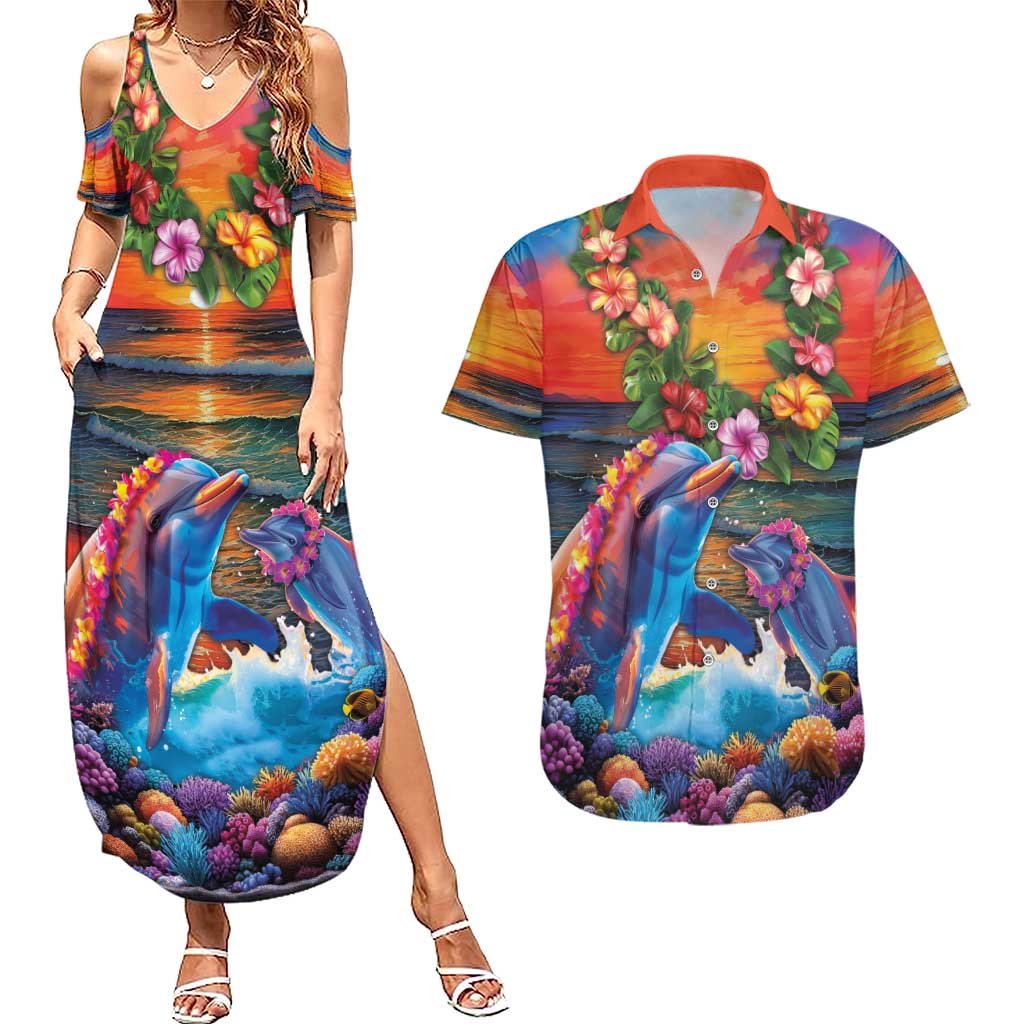 Hawaiian Lei Day Couples Matching Summer Maxi Dress and Hawaiian Shirt Dolphins with Colorful Corals and Romantic Sunset LT03 Orange - Polynesian Pride