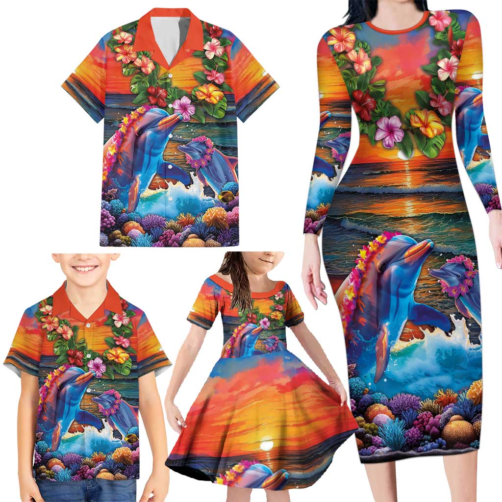 Hawaiian Lei Day Family Matching Long Sleeve Bodycon Dress and Hawaiian Shirt Dolphins with Colorful Corals and Romantic Sunset LT03 - Polynesian Pride