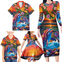 Hawaiian Lei Day Family Matching Long Sleeve Bodycon Dress and Hawaiian Shirt Dolphins with Colorful Corals and Romantic Sunset LT03 - Polynesian Pride