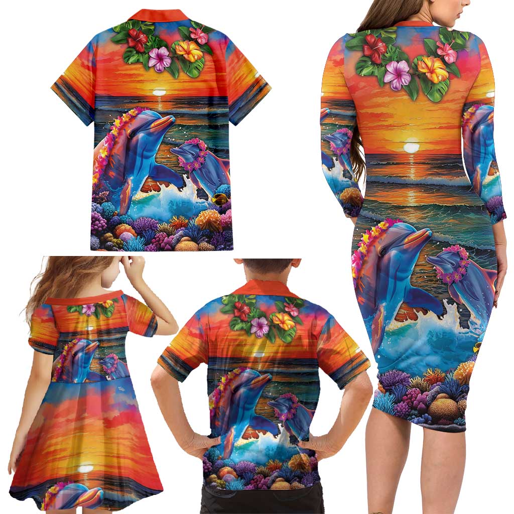 Hawaiian Lei Day Family Matching Long Sleeve Bodycon Dress and Hawaiian Shirt Dolphins with Colorful Corals and Romantic Sunset LT03 - Polynesian Pride