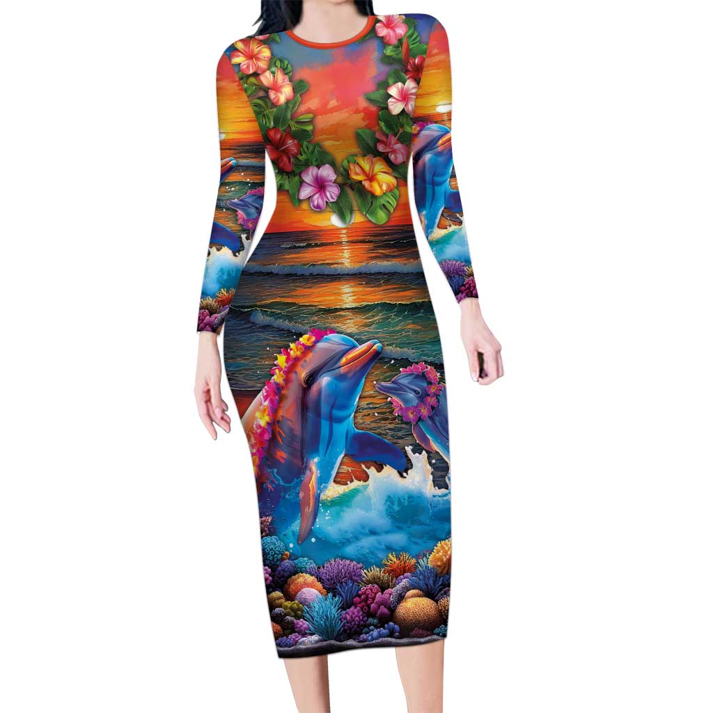 Hawaiian Lei Day Family Matching Long Sleeve Bodycon Dress and Hawaiian Shirt Dolphins with Colorful Corals and Romantic Sunset LT03 Mom's Dress Orange - Polynesian Pride