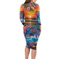 Hawaiian Lei Day Family Matching Long Sleeve Bodycon Dress and Hawaiian Shirt Dolphins with Colorful Corals and Romantic Sunset LT03 - Polynesian Pride