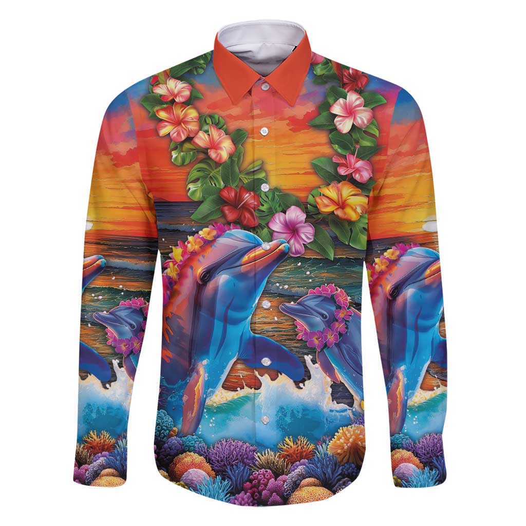 Hawaiian Lei Day Family Matching Mermaid Dress and Hawaiian Shirt Dolphins with Colorful Corals and Romantic Sunset LT03 Dad's Shirt - Long Sleeve Orange - Polynesian Pride