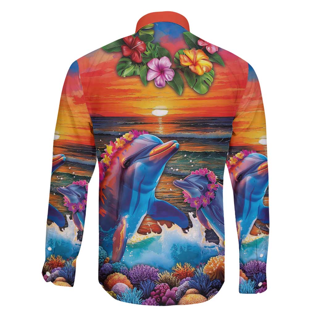 Hawaiian Lei Day Family Matching Mermaid Dress and Hawaiian Shirt Dolphins with Colorful Corals and Romantic Sunset LT03 - Polynesian Pride