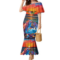 Hawaiian Lei Day Family Matching Mermaid Dress and Hawaiian Shirt Dolphins with Colorful Corals and Romantic Sunset LT03 Mom's Dress Orange - Polynesian Pride