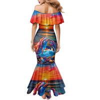 Hawaiian Lei Day Family Matching Mermaid Dress and Hawaiian Shirt Dolphins with Colorful Corals and Romantic Sunset LT03 - Polynesian Pride