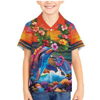 Hawaiian Lei Day Family Matching Mermaid Dress and Hawaiian Shirt Dolphins with Colorful Corals and Romantic Sunset LT03 Son's Shirt Orange - Polynesian Pride