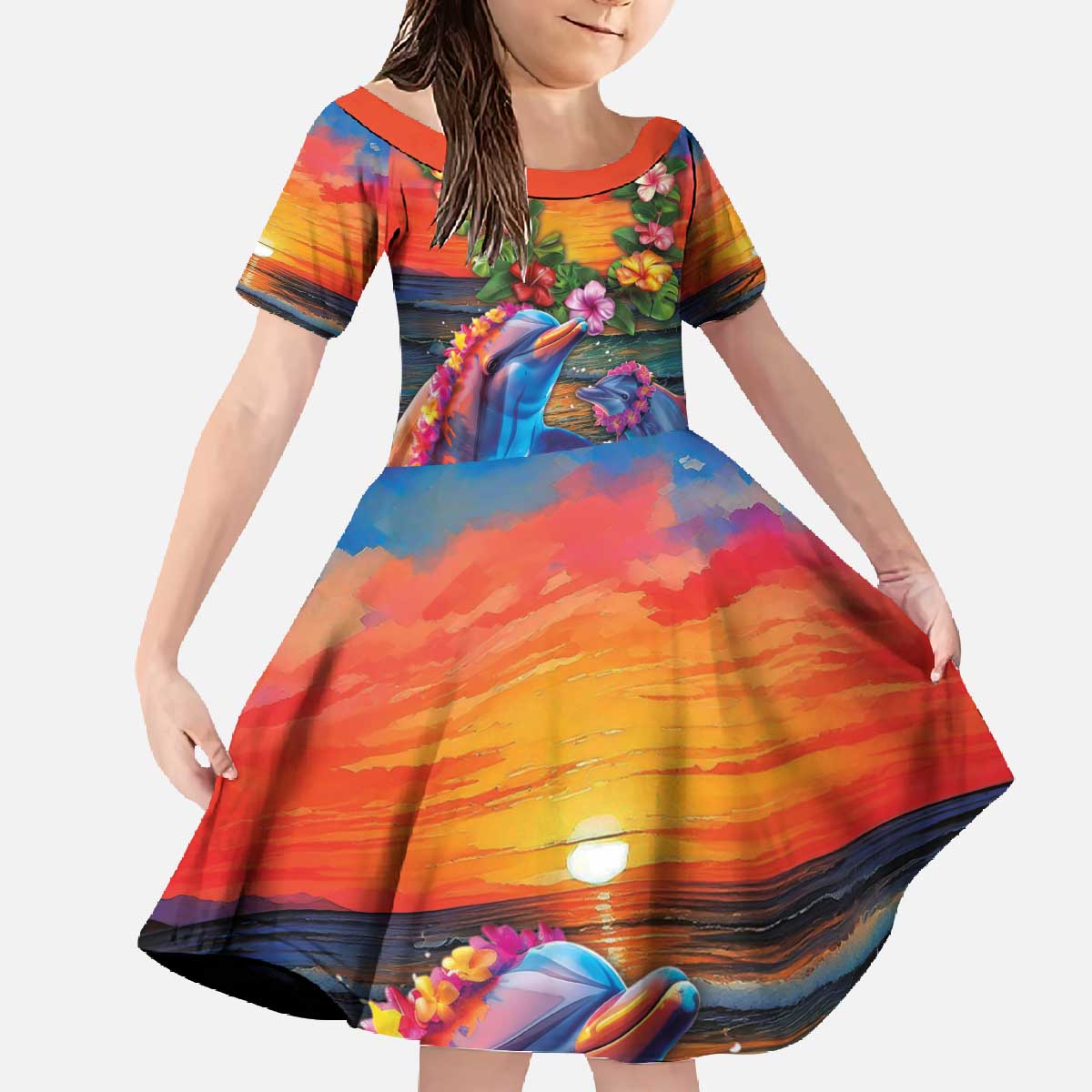 Hawaiian Lei Day Family Matching Off The Shoulder Long Sleeve Dress and Hawaiian Shirt Dolphins with Colorful Corals and Romantic Sunset LT03 Daughter's Dress Orange - Polynesian Pride