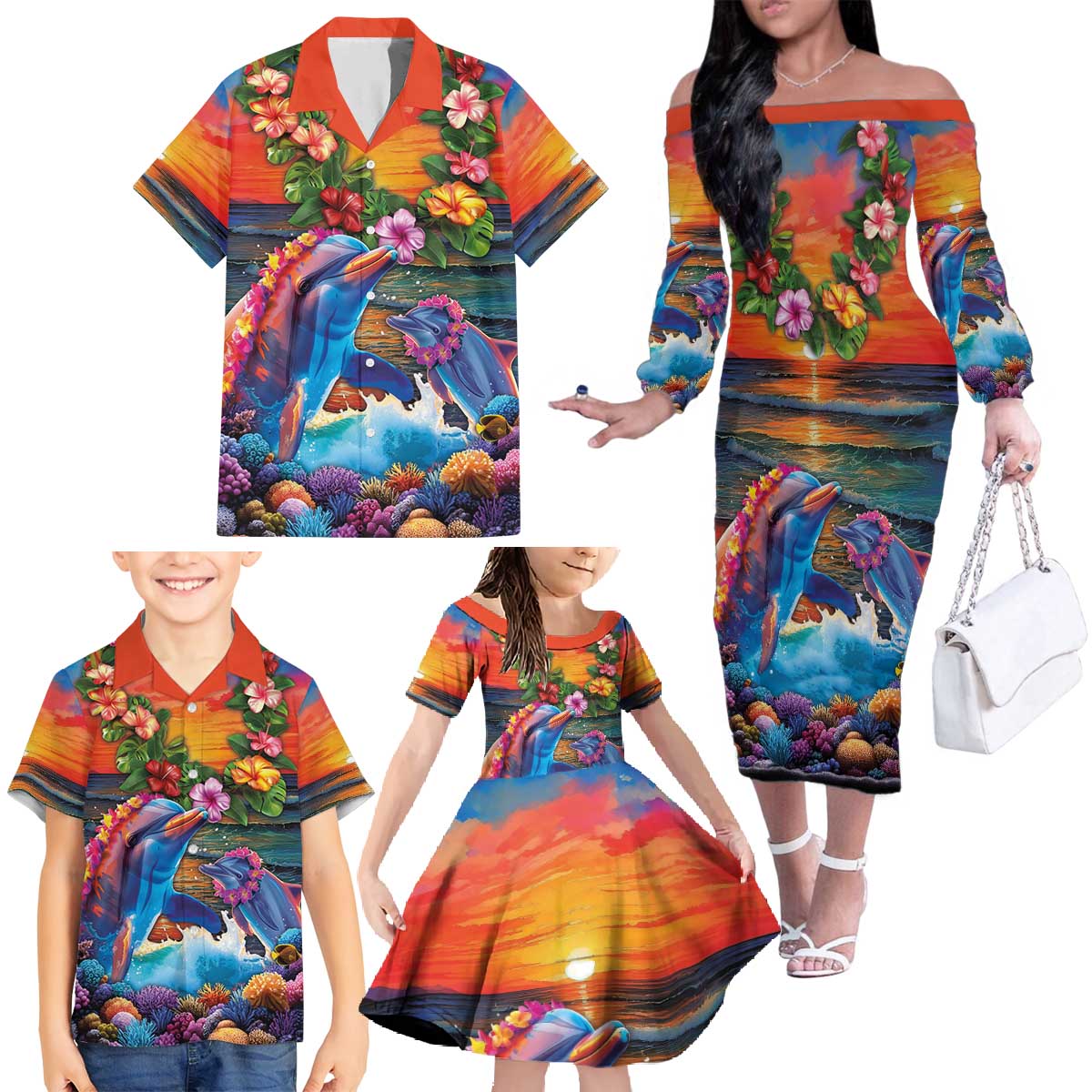 Hawaiian Lei Day Family Matching Off The Shoulder Long Sleeve Dress and Hawaiian Shirt Dolphins with Colorful Corals and Romantic Sunset LT03 - Polynesian Pride