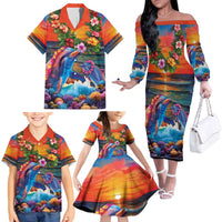Hawaiian Lei Day Family Matching Off The Shoulder Long Sleeve Dress and Hawaiian Shirt Dolphins with Colorful Corals and Romantic Sunset LT03 - Polynesian Pride