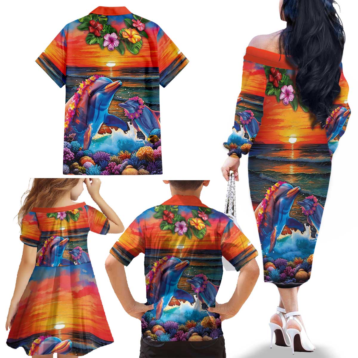 Hawaiian Lei Day Family Matching Off The Shoulder Long Sleeve Dress and Hawaiian Shirt Dolphins with Colorful Corals and Romantic Sunset LT03 - Polynesian Pride