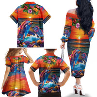 Hawaiian Lei Day Family Matching Off The Shoulder Long Sleeve Dress and Hawaiian Shirt Dolphins with Colorful Corals and Romantic Sunset LT03 - Polynesian Pride
