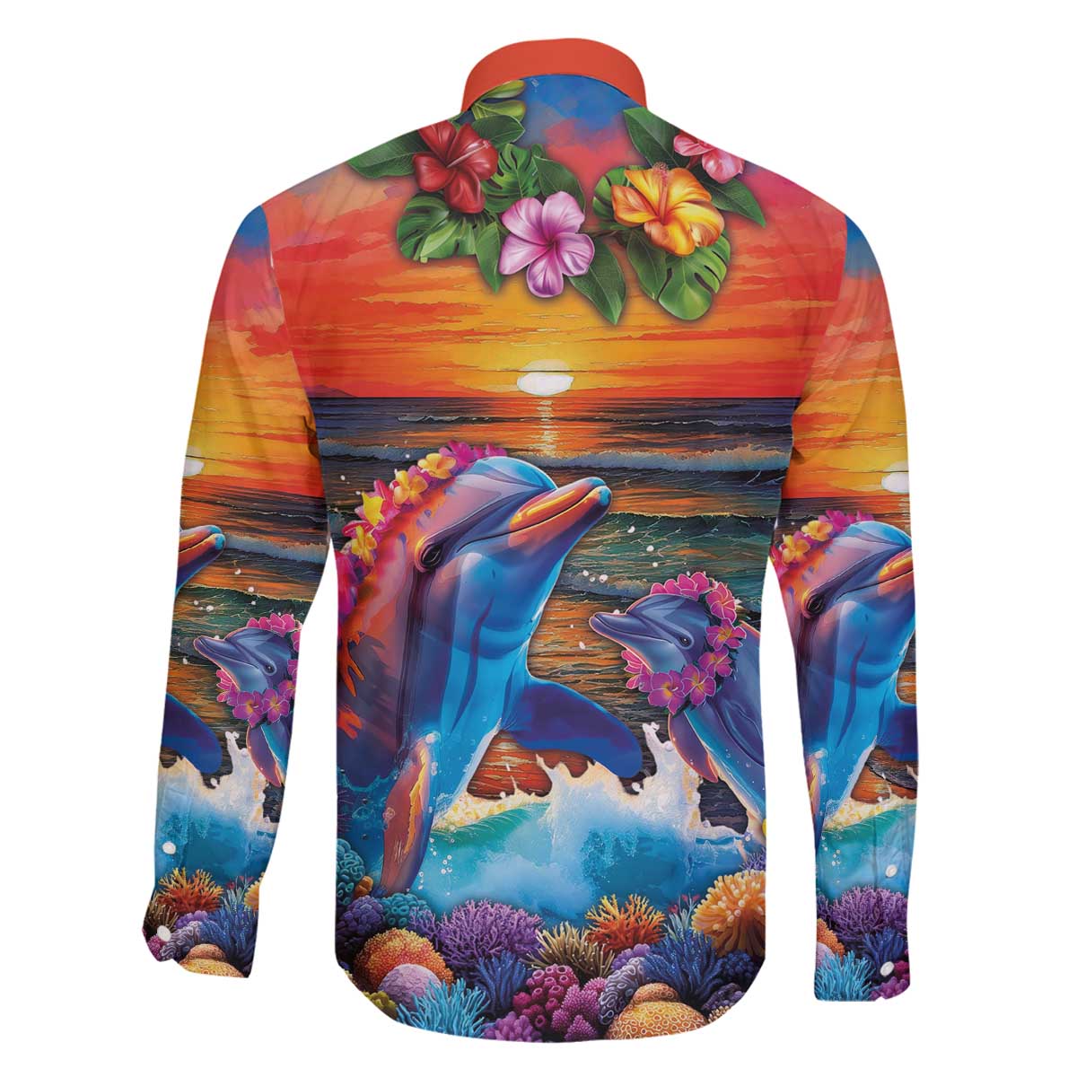 Hawaiian Lei Day Family Matching Off The Shoulder Long Sleeve Dress and Hawaiian Shirt Dolphins with Colorful Corals and Romantic Sunset LT03 - Polynesian Pride