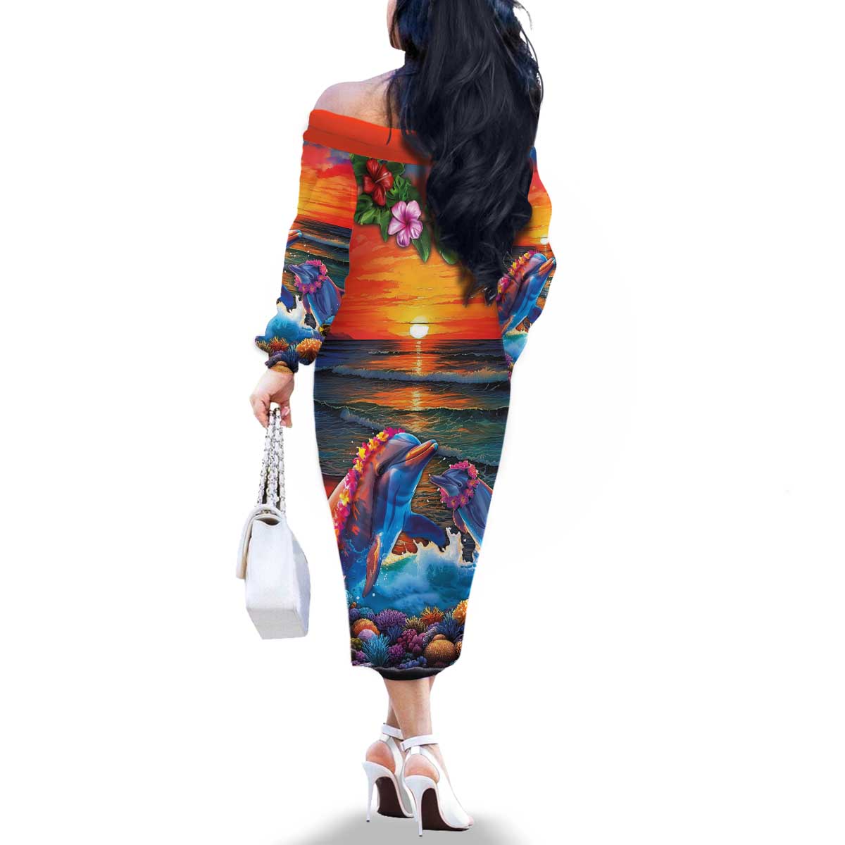 Hawaiian Lei Day Family Matching Off The Shoulder Long Sleeve Dress and Hawaiian Shirt Dolphins with Colorful Corals and Romantic Sunset LT03 - Polynesian Pride