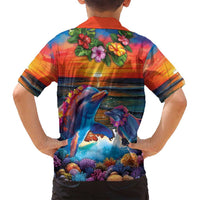 Hawaiian Lei Day Family Matching Off Shoulder Maxi Dress and Hawaiian Shirt Dolphins with Colorful Corals and Romantic Sunset LT03 - Polynesian Pride
