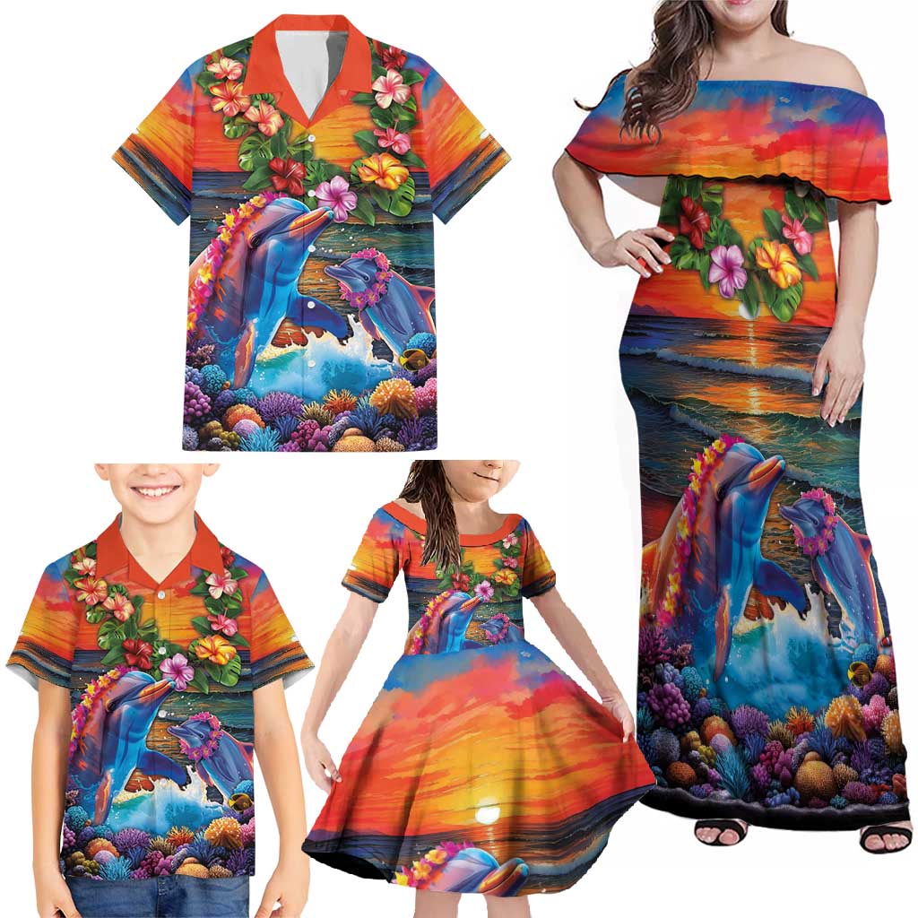 Hawaiian Lei Day Family Matching Off Shoulder Maxi Dress and Hawaiian Shirt Dolphins with Colorful Corals and Romantic Sunset LT03 - Polynesian Pride