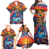 Hawaiian Lei Day Family Matching Off Shoulder Maxi Dress and Hawaiian Shirt Dolphins with Colorful Corals and Romantic Sunset LT03 - Polynesian Pride
