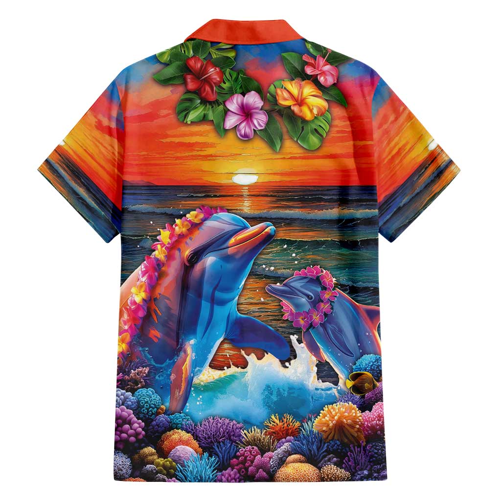 Hawaiian Lei Day Family Matching Off Shoulder Maxi Dress and Hawaiian Shirt Dolphins with Colorful Corals and Romantic Sunset LT03 - Polynesian Pride