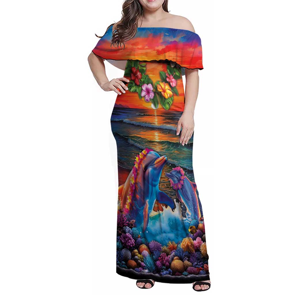 Hawaiian Lei Day Family Matching Off Shoulder Maxi Dress and Hawaiian Shirt Dolphins with Colorful Corals and Romantic Sunset LT03 Mom's Dress Orange - Polynesian Pride