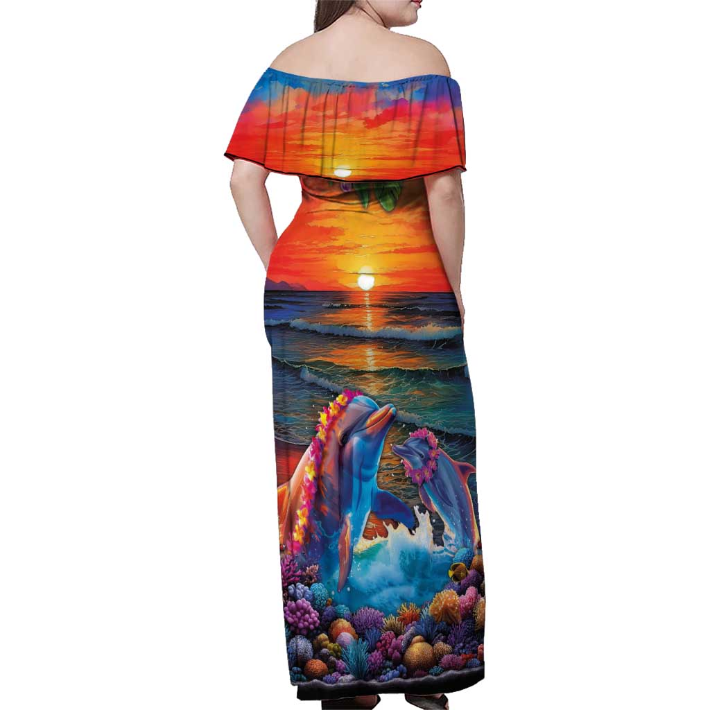 Hawaiian Lei Day Family Matching Off Shoulder Maxi Dress and Hawaiian Shirt Dolphins with Colorful Corals and Romantic Sunset LT03 - Polynesian Pride