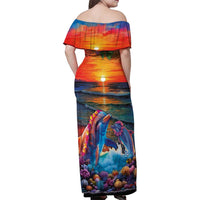 Hawaiian Lei Day Family Matching Off Shoulder Maxi Dress and Hawaiian Shirt Dolphins with Colorful Corals and Romantic Sunset LT03 - Polynesian Pride