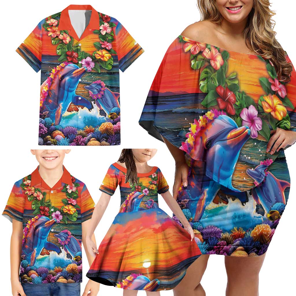 Hawaiian Lei Day Family Matching Off Shoulder Short Dress and Hawaiian Shirt Dolphins with Colorful Corals and Romantic Sunset LT03 - Polynesian Pride