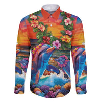 Hawaiian Lei Day Family Matching Puletasi and Hawaiian Shirt Dolphins with Colorful Corals and Romantic Sunset