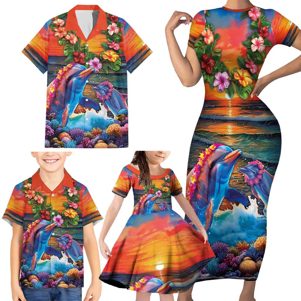Hawaiian Lei Day Family Matching Short Sleeve Bodycon Dress and Hawaiian Shirt Dolphins with Colorful Corals and Romantic Sunset LT03 - Polynesian Pride
