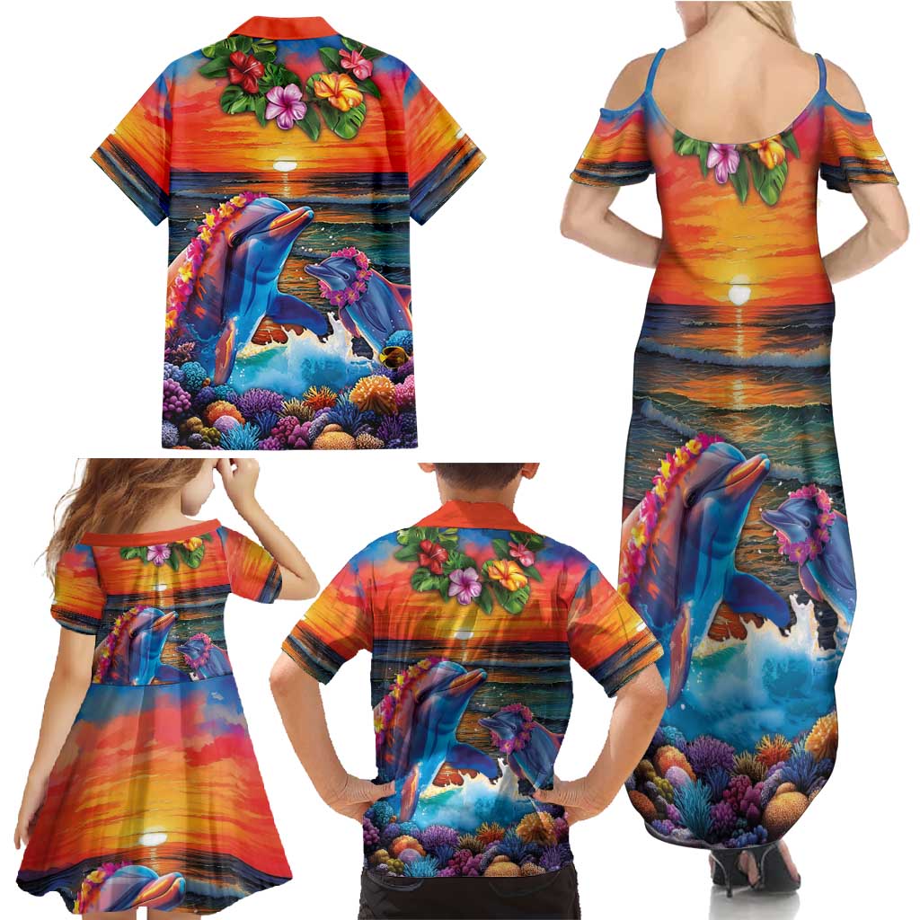 Hawaiian Lei Day Family Matching Summer Maxi Dress and Hawaiian Shirt Dolphins with Colorful Corals and Romantic Sunset LT03 - Polynesian Pride