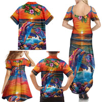 Hawaiian Lei Day Family Matching Summer Maxi Dress and Hawaiian Shirt Dolphins with Colorful Corals and Romantic Sunset LT03 - Polynesian Pride
