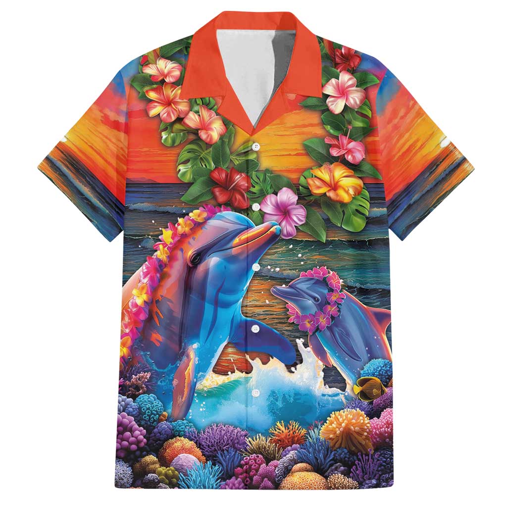 Hawaiian Lei Day Family Matching Summer Maxi Dress and Hawaiian Shirt Dolphins with Colorful Corals and Romantic Sunset LT03 Dad's Shirt - Short Sleeve Orange - Polynesian Pride