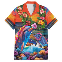 Hawaiian Lei Day Family Matching Summer Maxi Dress and Hawaiian Shirt Dolphins with Colorful Corals and Romantic Sunset LT03 Dad's Shirt - Short Sleeve Orange - Polynesian Pride