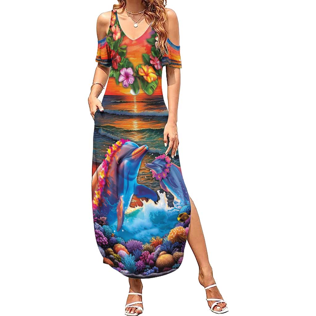 Hawaiian Lei Day Family Matching Summer Maxi Dress and Hawaiian Shirt Dolphins with Colorful Corals and Romantic Sunset LT03 Mom's Dress Orange - Polynesian Pride