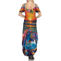 Hawaiian Lei Day Family Matching Summer Maxi Dress and Hawaiian Shirt Dolphins with Colorful Corals and Romantic Sunset LT03 - Polynesian Pride