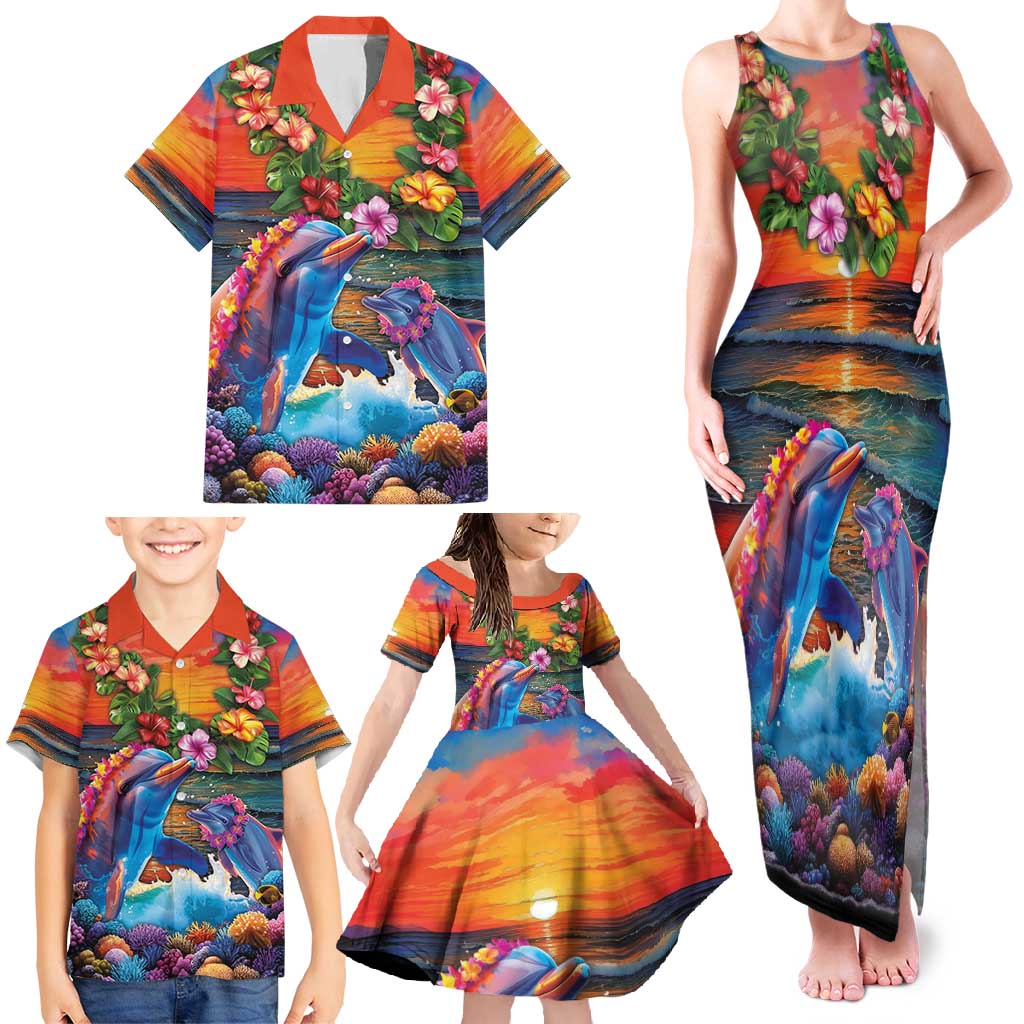 Hawaiian Lei Day Family Matching Tank Maxi Dress and Hawaiian Shirt Dolphins with Colorful Corals and Romantic Sunset LT03 - Polynesian Pride