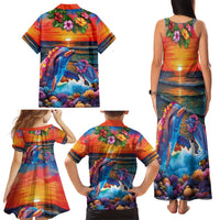 Hawaiian Lei Day Family Matching Tank Maxi Dress and Hawaiian Shirt Dolphins with Colorful Corals and Romantic Sunset LT03 - Polynesian Pride