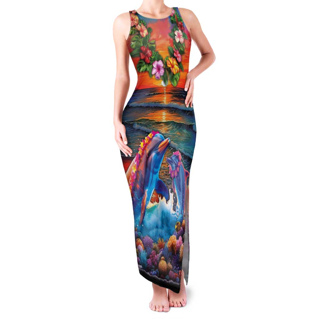 Hawaiian Lei Day Family Matching Tank Maxi Dress and Hawaiian Shirt Dolphins with Colorful Corals and Romantic Sunset LT03 Mom's Dress Orange - Polynesian Pride